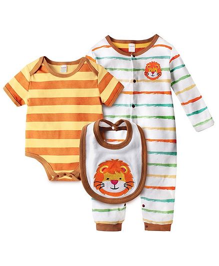 Awabox Lion Face Patch Detailed Full Sleeves Romper & Striped Onesie With Bib - Yellow
