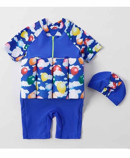 Kookie Kids Raglan Sleeves Swimming Float with Cap Balloon Print - Blue