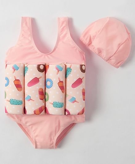 Babyhug Sleeveless Swimming Float with Cap Ice Cream Print - Pink