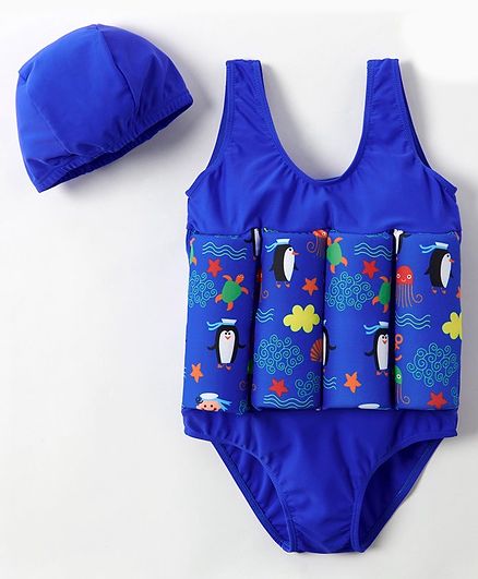Babyhug Sleeveless Swimming Float with Cap Animal Print - Blue