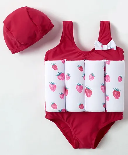Babyhug Sleeveless Swimming Float with Cap Strawberry Print - Red