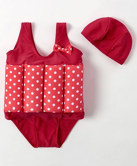 Babyhug Sleeveless Swimming Float with Cap Polka Dot Print - Red
