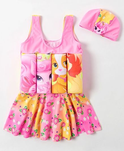 Babyhug Sleeveless Swimming Float with Cap Floral Print - Pink