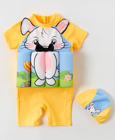 Babyhug Half Sleeves Swimming Float with Cap Bunny Print - Yellow