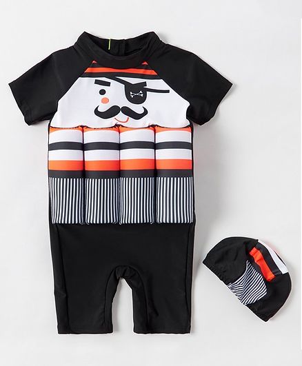 Babyhug Half Sleeves Swimming Float with Cap Pirate Print - Black
