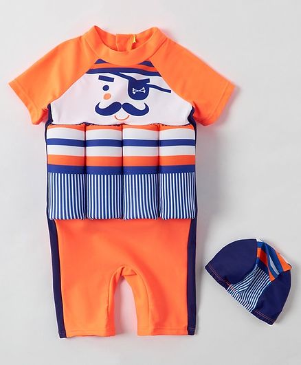 Babyhug Half Sleeves Swimming Float Pirate Print - Orange