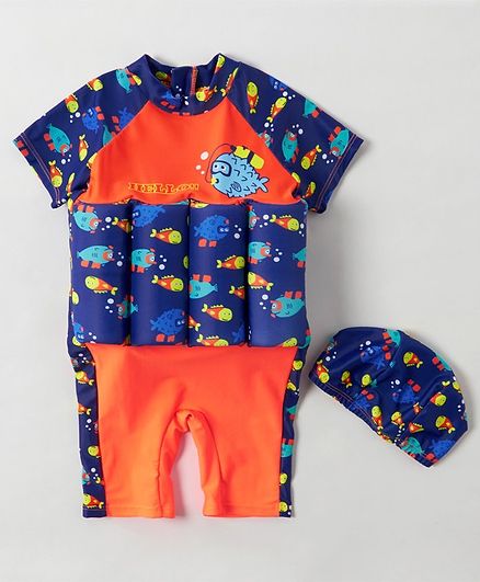 Babyhug Half Sleeves Swimming Float with Cap Fish Print - Blue