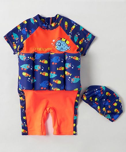Babyhug Half Sleeves Swimming Float with Cap Fish Print - Blue