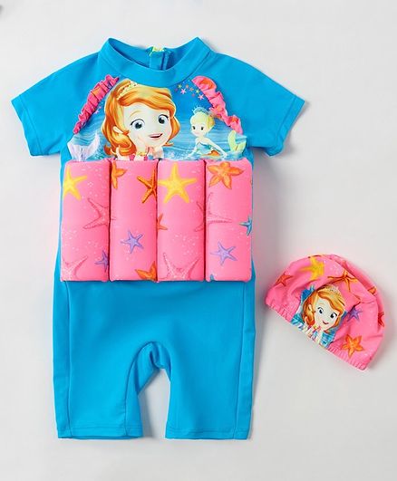 Babyhug Half Sleeves Swimming Float with Cap Girl Print - Blue