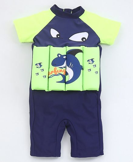 Babyhug Half Sleeves Swimming Float with Cap Shark Print - Green Blue