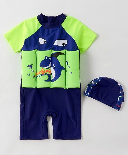Babyhug Half Sleeves Swimming Float with Cap Shark Print - Green Blue