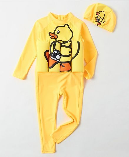 Babyhug Full Sleeves Swimming Float with Cap Duck Print - Yellow