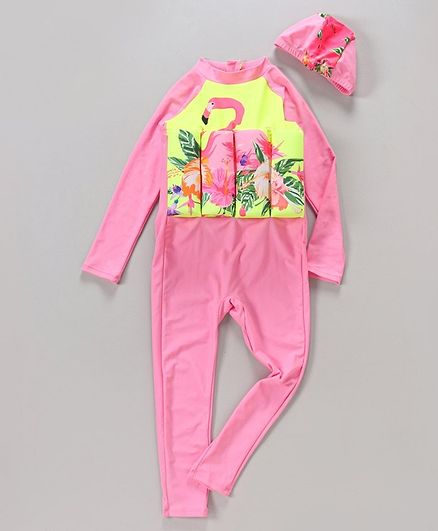 Babyhug Full Sleeves Swimming Float with Cap Flamingo Print - Pink