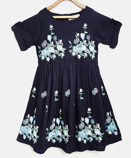 Bella Moda Floral Embroidered Half Sleeves Dress - Navy Blue