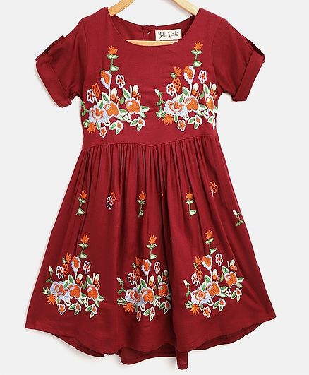 Bella Moda Floral Embroidered Half Sleeves Dress - Maroon