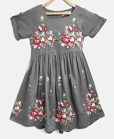 Bella Moda Floral Embroidered Half Sleeves Dress - Grey