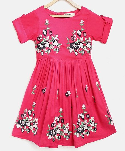 Bella Moda Floral Embroidered Half Sleeves Dress - Pink