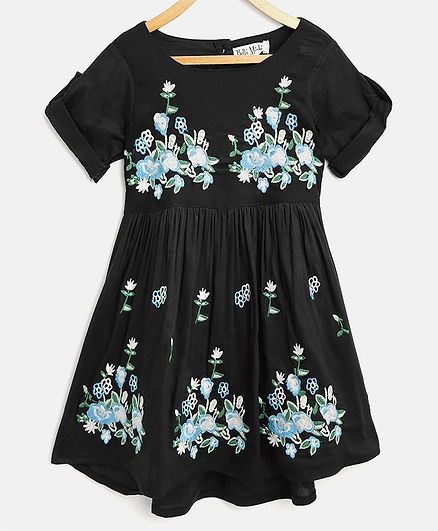 Bella Moda Floral Embroidered Half Sleeves Dress - Black