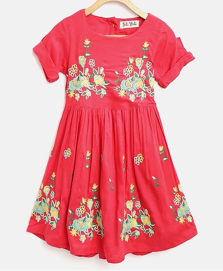 Bella Moda Floral Embroidered Half Sleeves Dress - Red