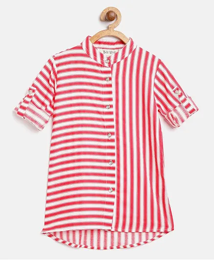 Bella Moda Striped Shirt Style Full Sleeves Top - Red