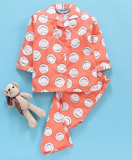 Enfance Core Smiley Print Full Sleeves Night Suit - Orange