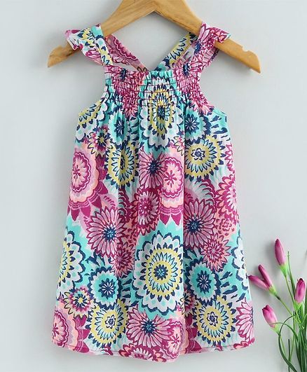 Babyhug Sleeveless Floral Smoked Frock - Pink