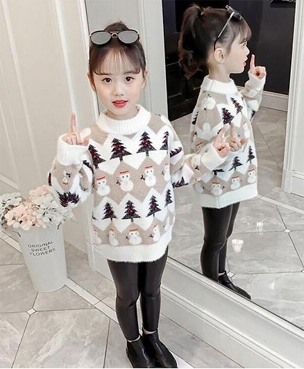 Awabox Snow Man & Christmas Tree Pattern Full Sleeves Sweater - Beige