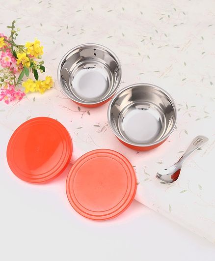 Babyhug Stainless Steel Spill Proof Bowl Set Of 2 With Spoon - Red