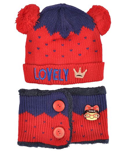 Yellow Bee Embroidered Woollen Cap And Muffler Set - Red