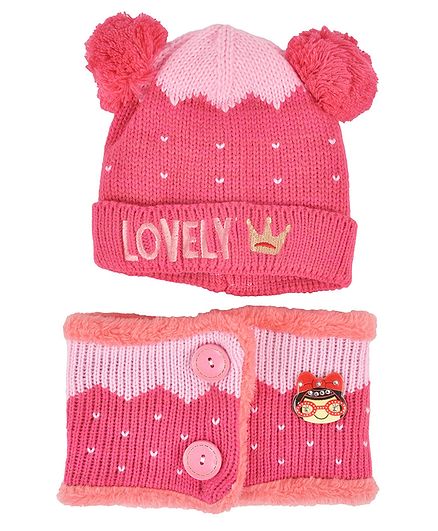Yellow Bee Embroidered Woollen Cap And Muffler Set - Pink