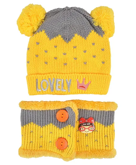 Yellow Bee Embroidered Woollen Cap And Muffler Set - Yellow