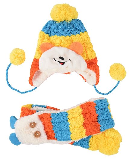 Yellow Bee Beanie Cap And Muffler Set - Orange