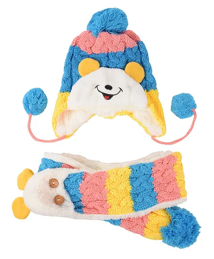 Yellow Bee Beanie Cap And Muffler Set - Yellow Blue