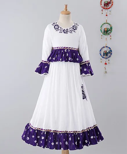 Neha Gursahani Flower Embroidery Detailed Full Sleeves Bandhani Print Peplum Choli & Lehenga Set - White & Purple