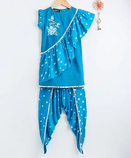 Neha Gurdsahani Half Sleeves Bandhani Print Kurta & Dhoti Set - Sky Blue