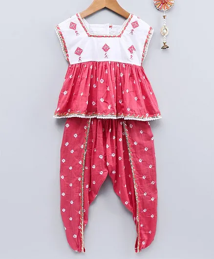 Neha Gursahani Sleeveless Bandhani Print Peplum Top & Dhoti Set - Pink