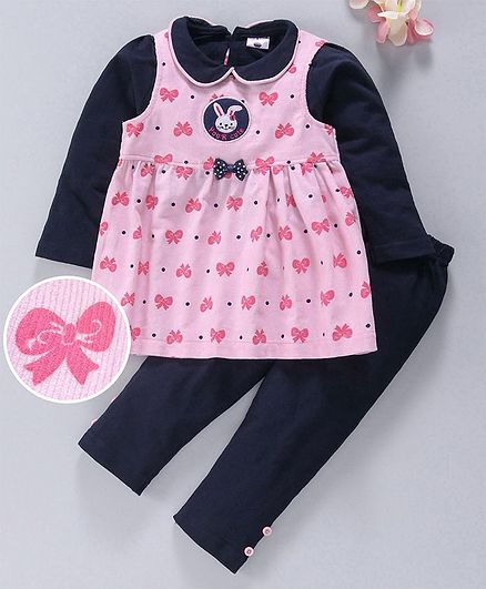 U R Cute Full Sleeves Tee With Bow Print Dress & Leggings - Pink