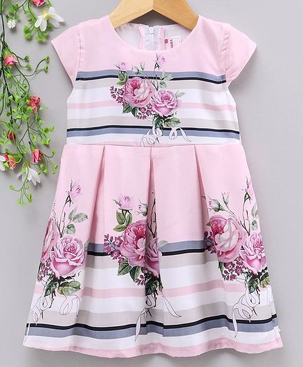 Rassha Flowers Printed Short Sleeves Dress - Light Pink