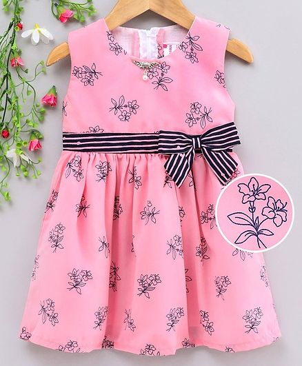 Rassha Flower Printed Bow Detailed Fit & Flare Sleeveless Dress - Pink
