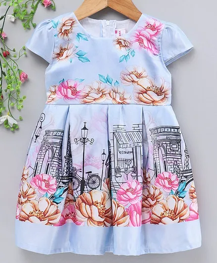 Rassha Flower Printed Short Sleeves Dress - Blue