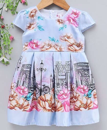 Rassha Flower Printed Short Sleeves Dress - Blue