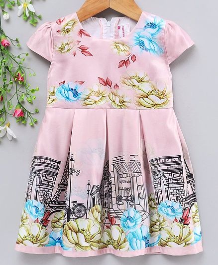 Rassha Flower Printed Short Sleeves Dress - Peach