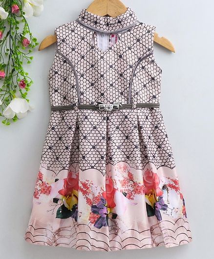 Rassha Checkered & Flowers Printed Sleeveless Fit & Flare Dress - Beige