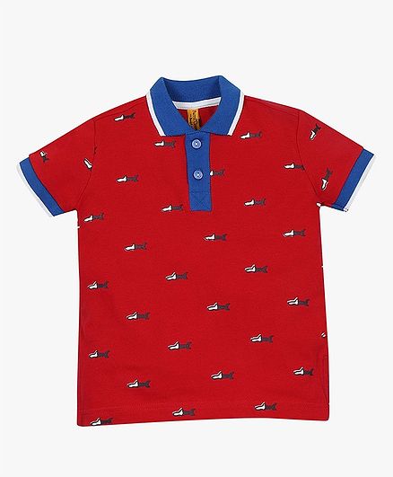 ParrotCrow Half Sleeves Shark Print Tee - Red