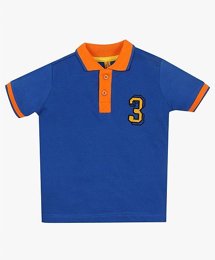 ParrotCrow Half Sleeves Number Pattern Contrast Collared Tee - Blue