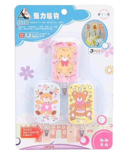 Adhesive Hook Teddy Print Pack Of 3 - Multicolor