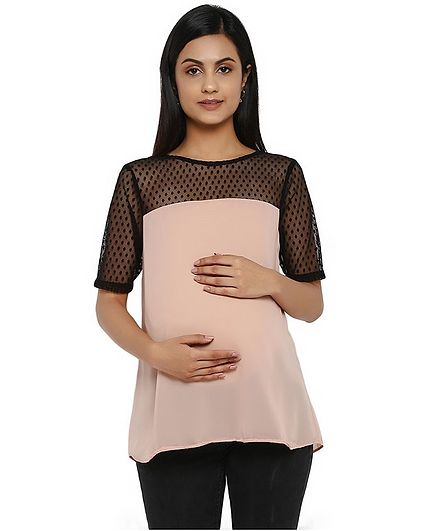 Wobbly Walk Polka Dot Embellished Half Sleeves Maternity Top - Peach