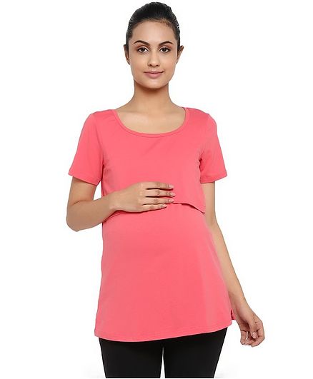 Wobbly Walk Solid Half Sleeves Maternity & Feeding Top - Peach