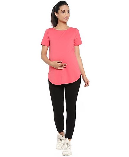 Wobbly Walk Solid Half Sleeves Maternity Tee & Over Belly Legging Set - Peach