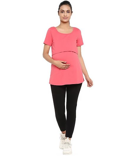 Wobbly Walk Solid Short Sleeves Maternity & Feeding Top With Leggings - Pink
